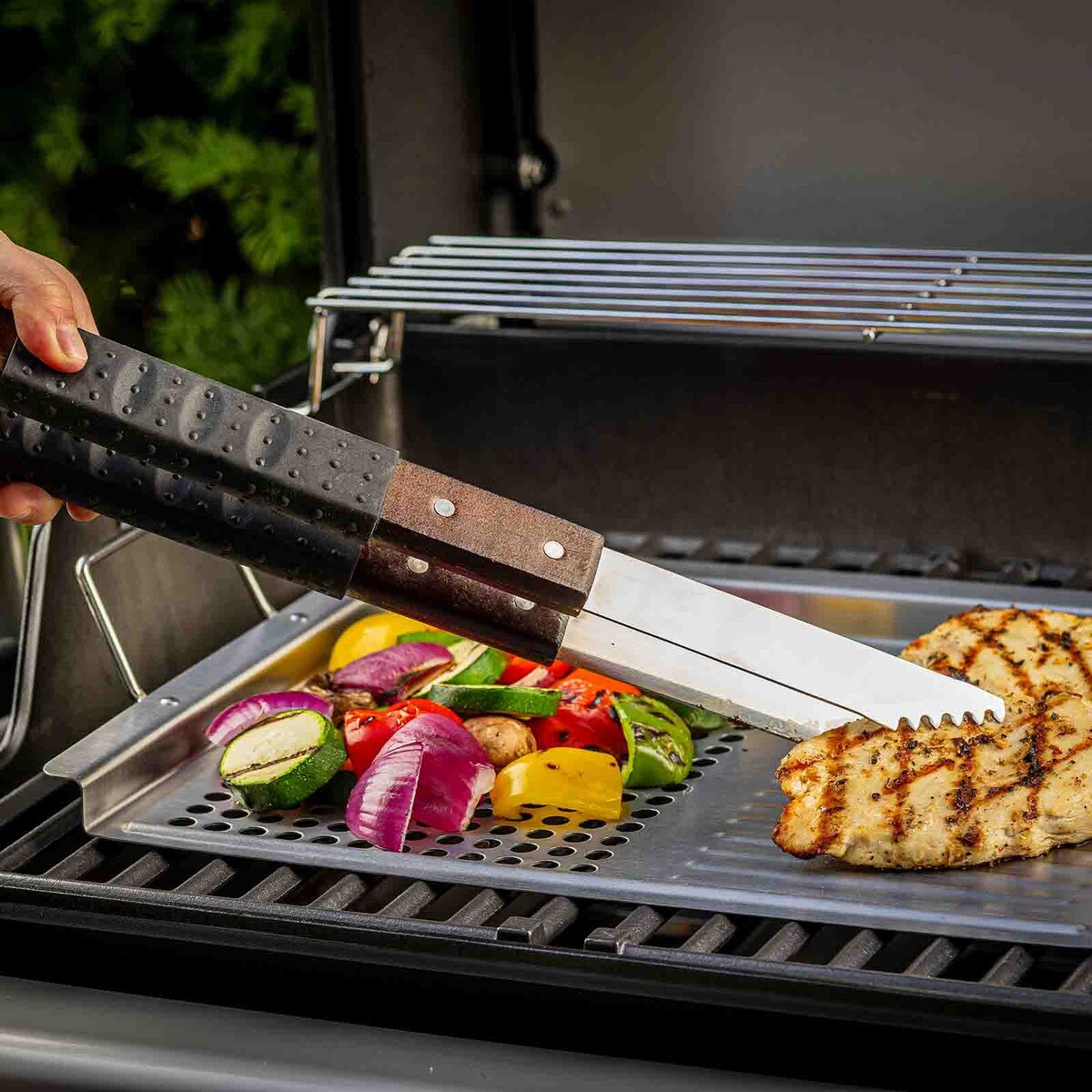 TableCraft Wooden Handle Grilling Tongs With Black Soft Grip