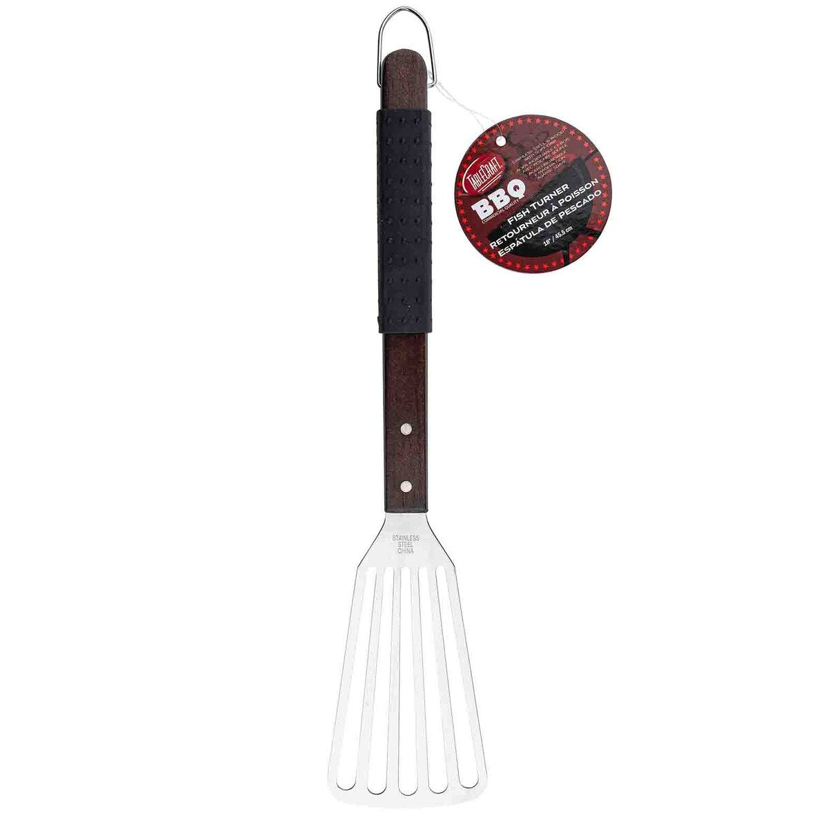 TableCraft Wooden Handle Grilling Fish Turner with Black Soft Grip