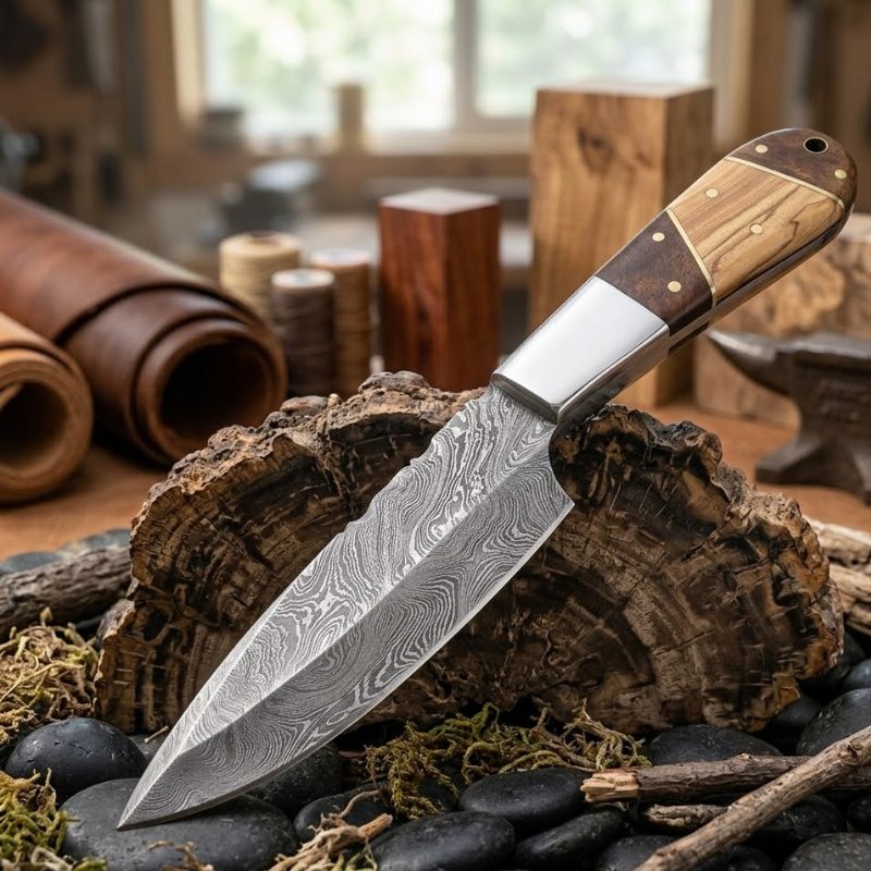 9" Wood Handle Damascus Knife (13128)