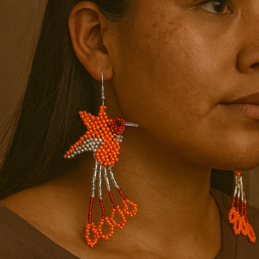 Handmade Beaded Hummingbird Earrings – Orange & Red