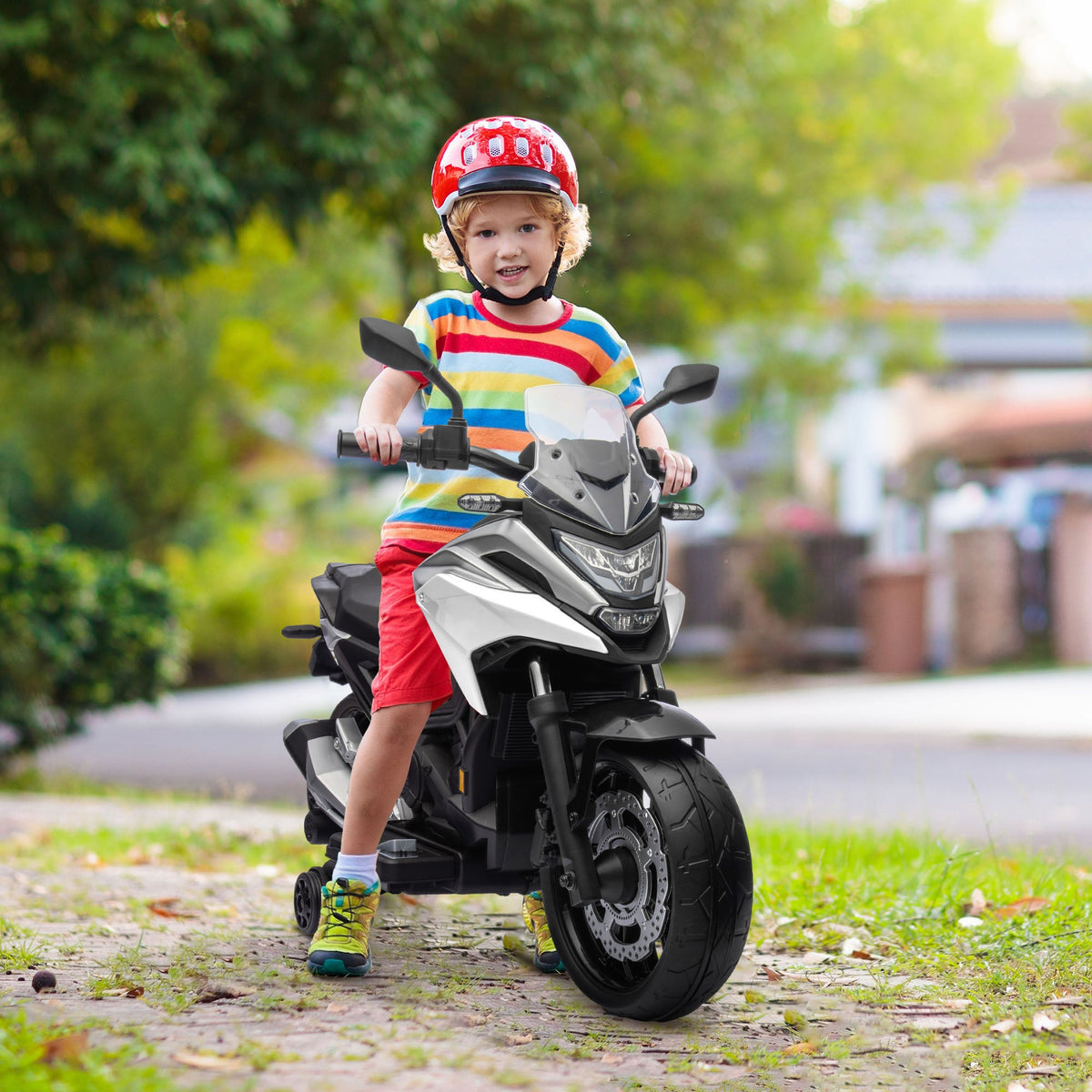 Honda Licensed 12V Ride on Motorbike for Kids with Headlights Music Training Wheels, for 3-6 Years, White