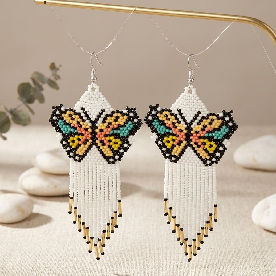 White Beaded Dancing Wing Earrings