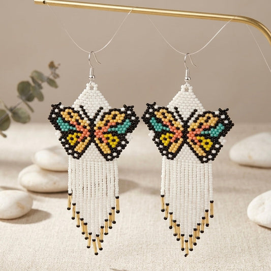 White Beaded Dancing Wing Earrings