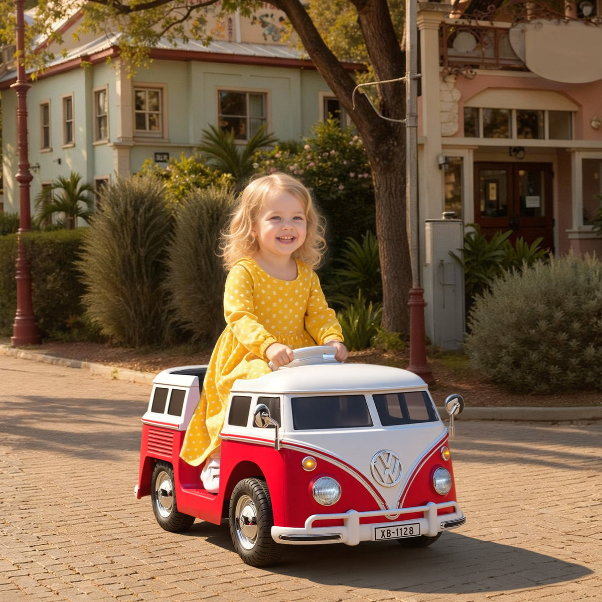 12V Kids Ride on Car, Lisensed Volkswagen T1 Electric Vehicle with Dual Motor and Soft Start for 3-7 Years, Red