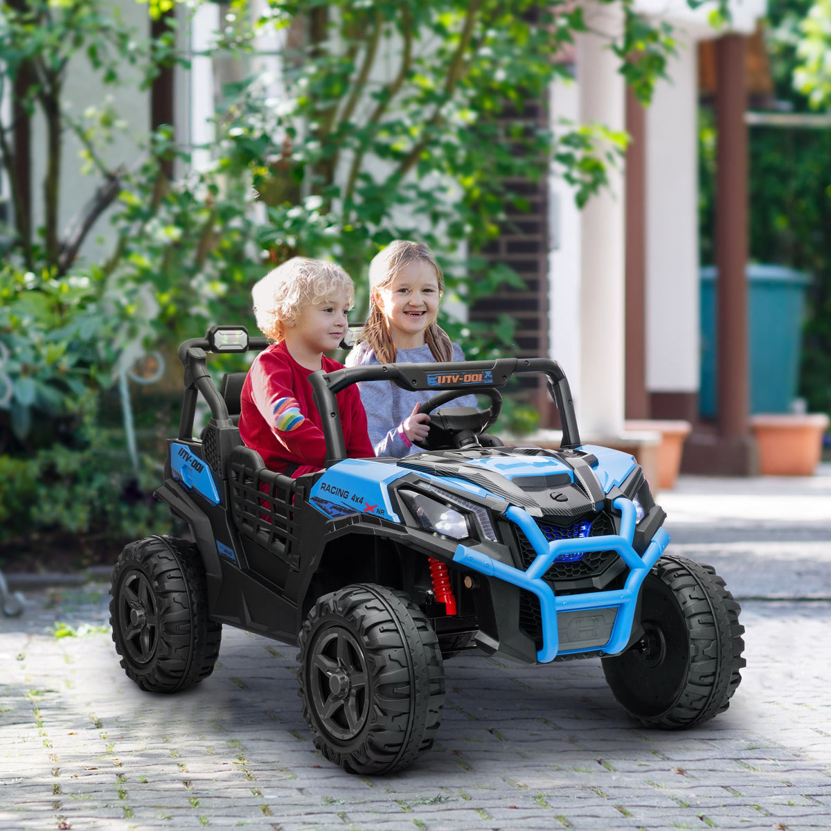 2 Seater 24V Electric Car for Kids w/ Remote Control, 3 Speed, LED Lights, Music, Horn, Spring Suspension, Blue
