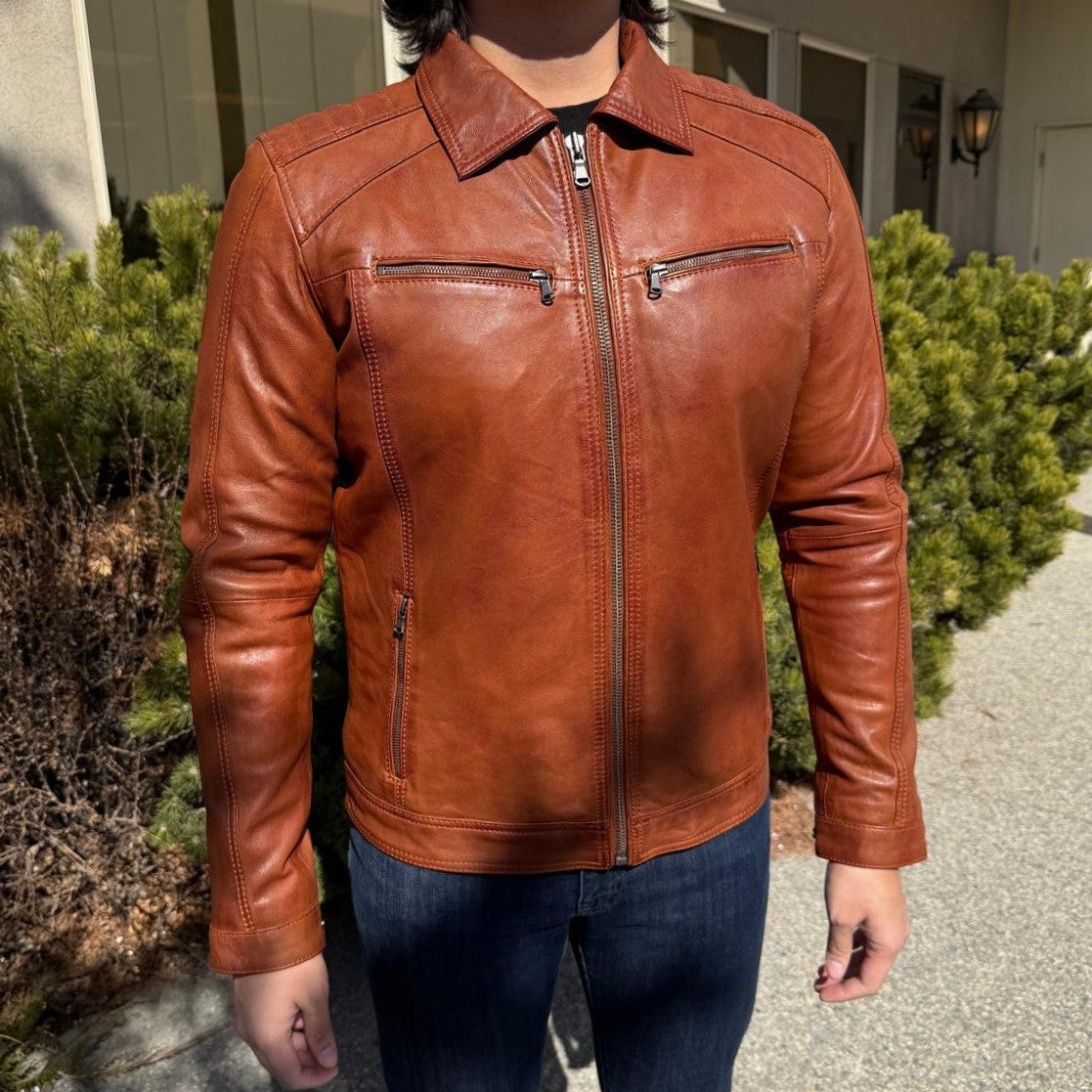 BOL Men’s Zip Pocket Leather Jacket. Sheep Leather Jacket with Fold-Down Collar