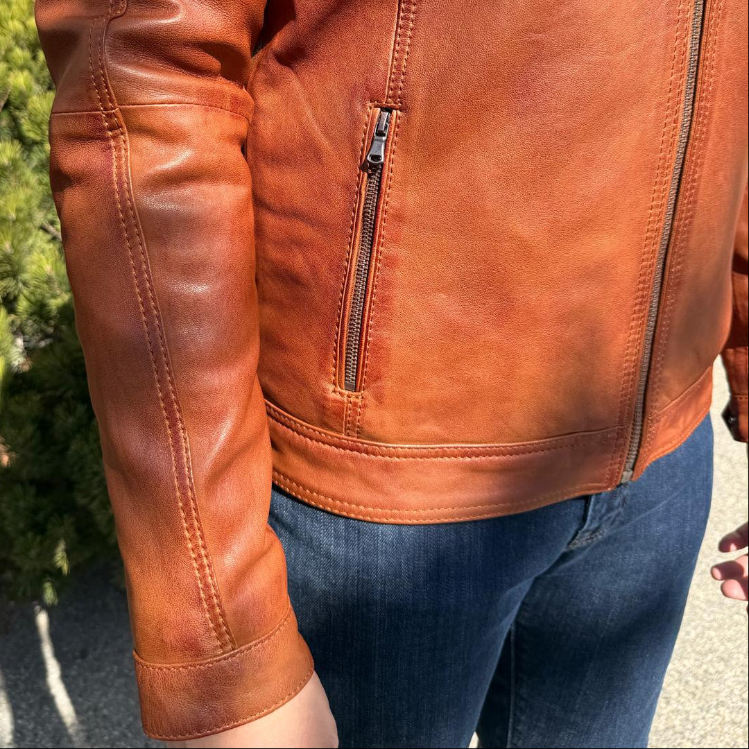 BOL Men’s Zip Pocket Leather Jacket. Sheep Leather Jacket with Fold-Down Collar