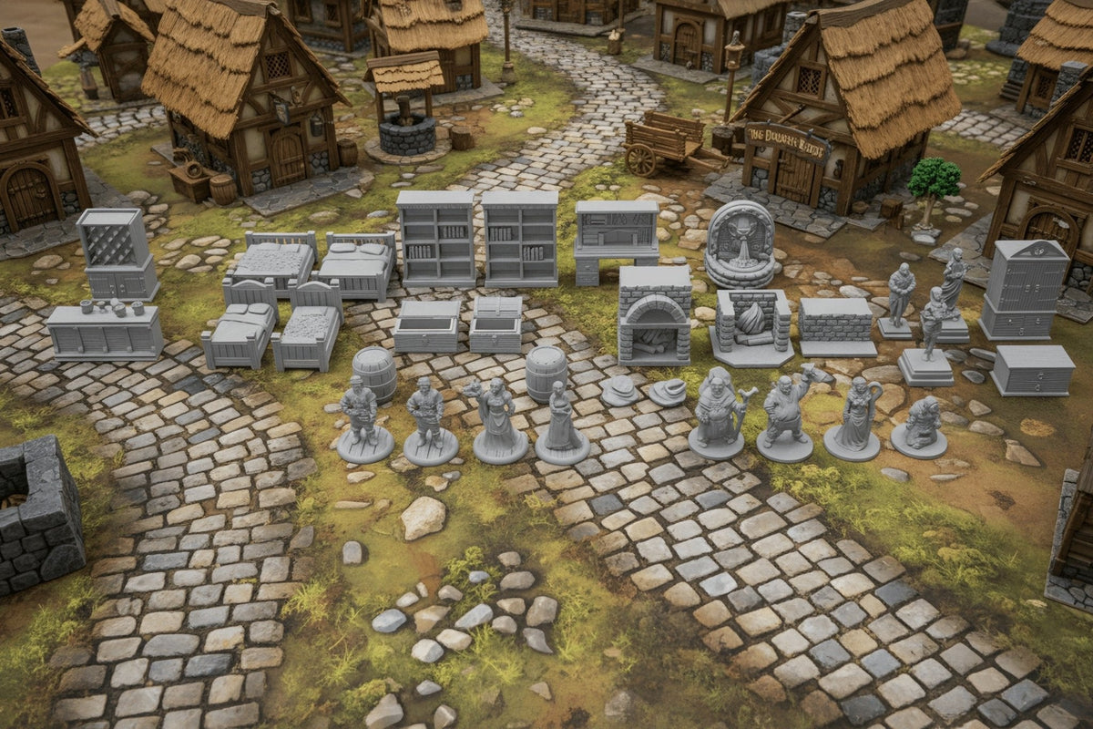 28mm Village Furniture & NPC Set – RPG Tavern Decor