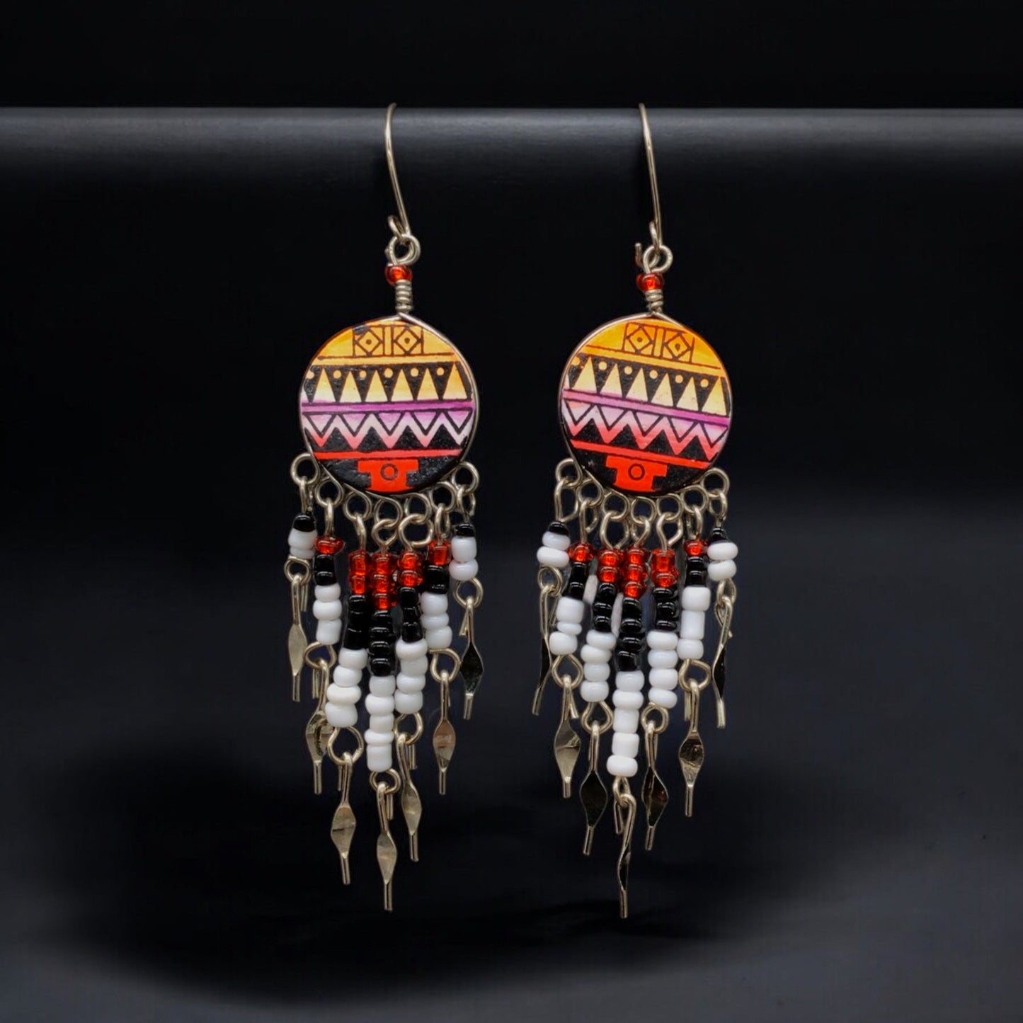 Orange and Red Southwestern Round Shaped Dangle Earrings