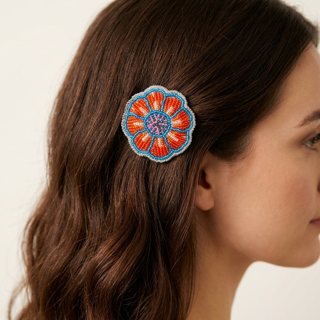 Silver Beaded Flower Barrette