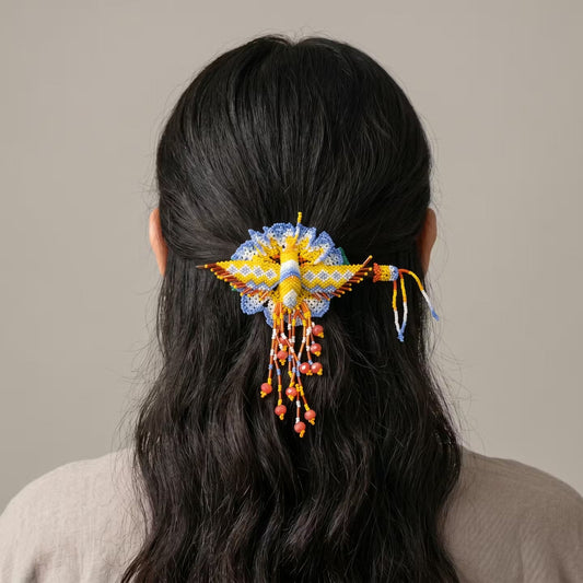 Maple Blossom Hummingbird Beaded Hair Stick Barrette Yellow