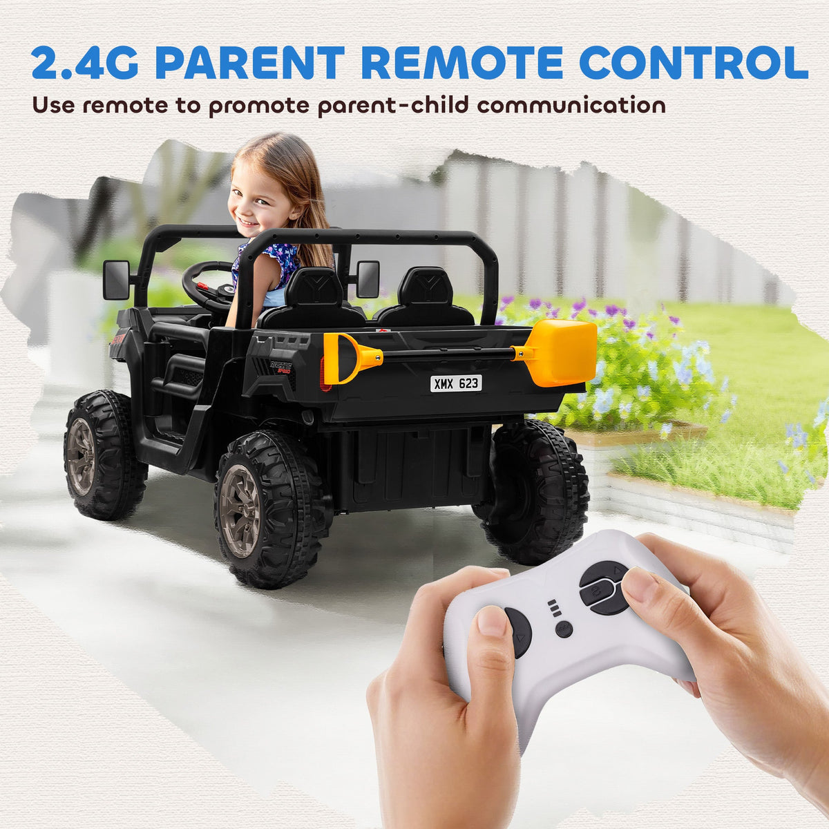 12V Ride on Car with Electric Bucket, Two-Seater, Shovel, Remote Control, Spring Suspension, Horn, Music, Black