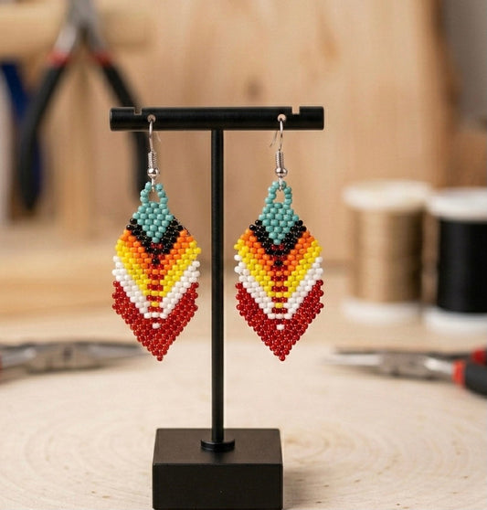 OldTribes™ Red Beaded Feather Drop Earrings