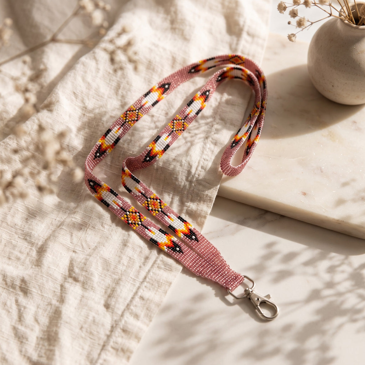Pink Native Beaded Lanyard