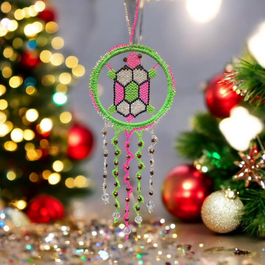 Green and Pink Beaded Turtle Ornament
