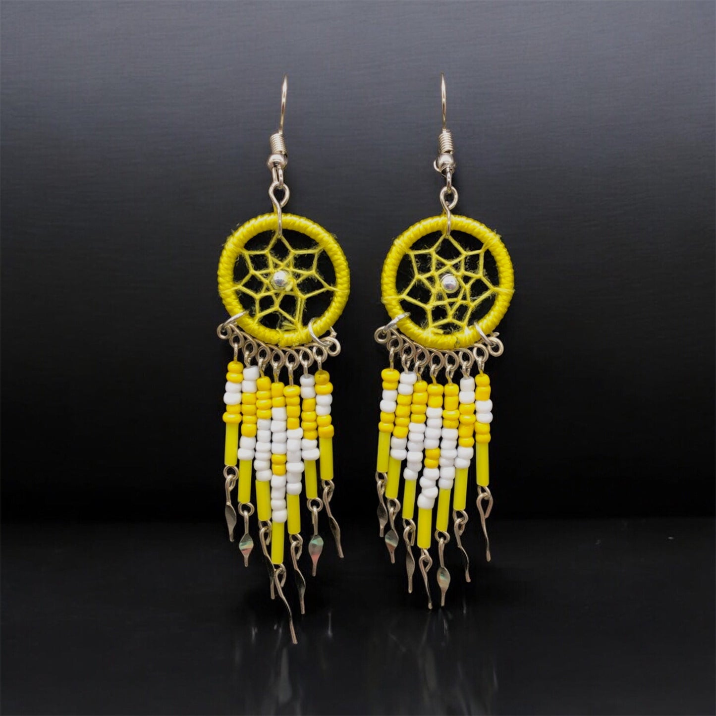 Yellow and white Beaded Dreamcatcher earrings