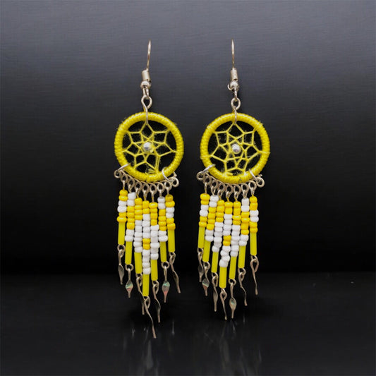 Yellow and white Beaded Dreamcatcher earrings