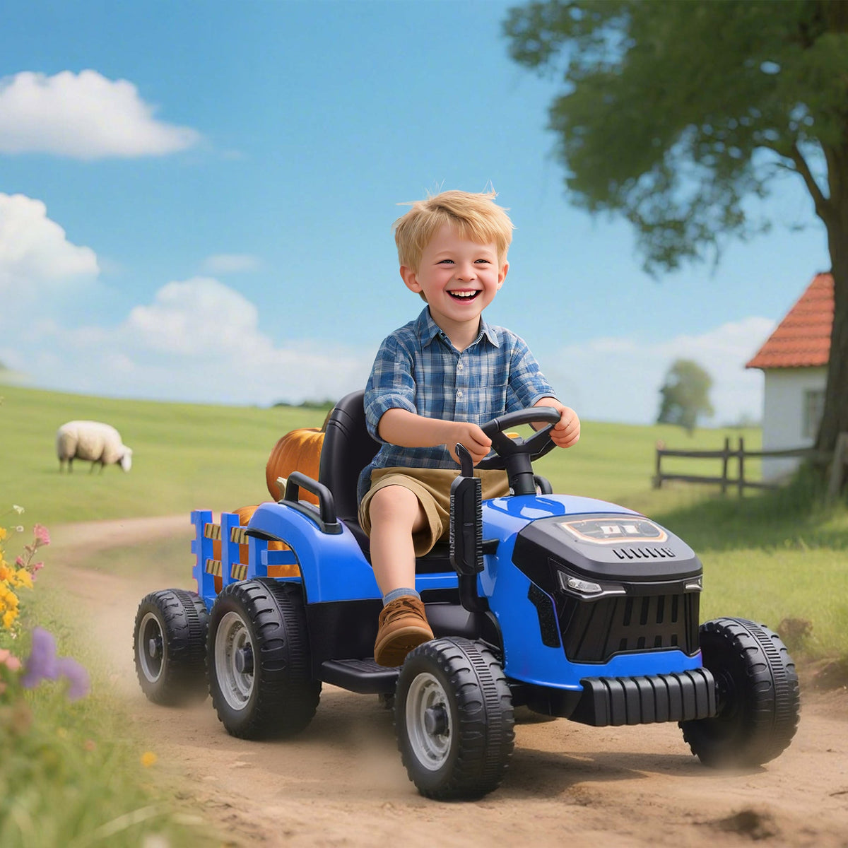 12V Kids Ride On Tractor with Trailor, Remote Control, Music, Lights, Shifter, for Kids Ages 3-8 Years, Blue
