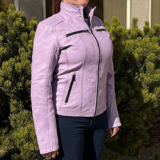Women's Classic Sheep Leather Jacket. Standing Collar with Studs, 4 Zippered Pockets & Shoulder Accent Stitching