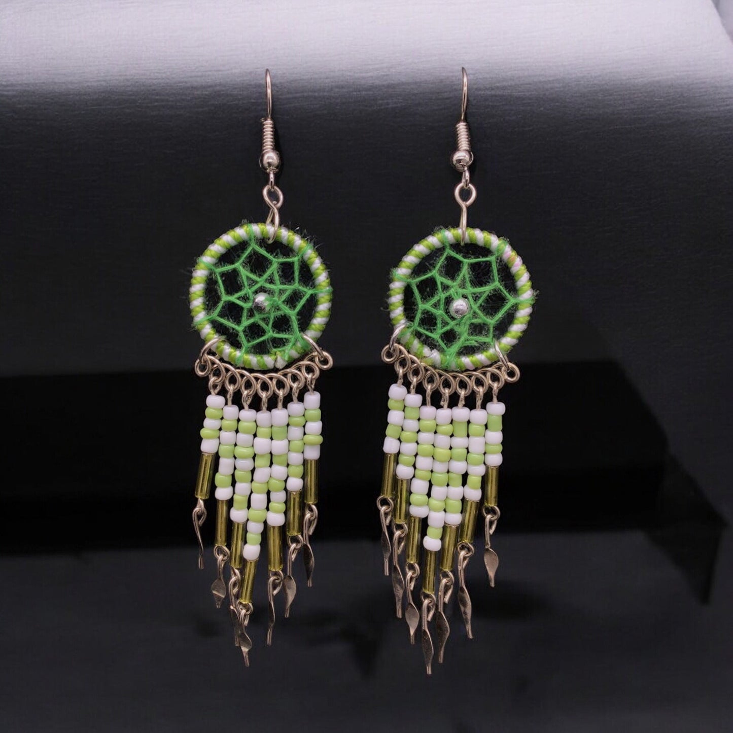 Green and White Beaded Dreamcatcher earrings