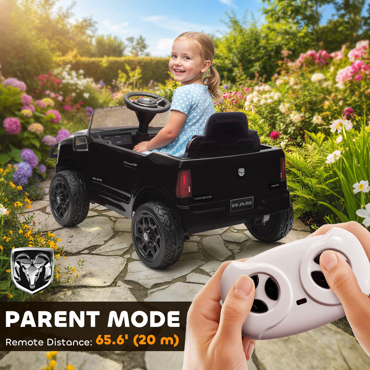 12V Ride on Car, Licensed Dodge RAM 3500 Electric Vehicle with Remote Control, Suspension for 3-5 Years, Black