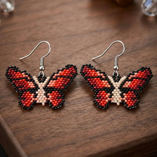 Black / beige Butterfly Beaded Earrings