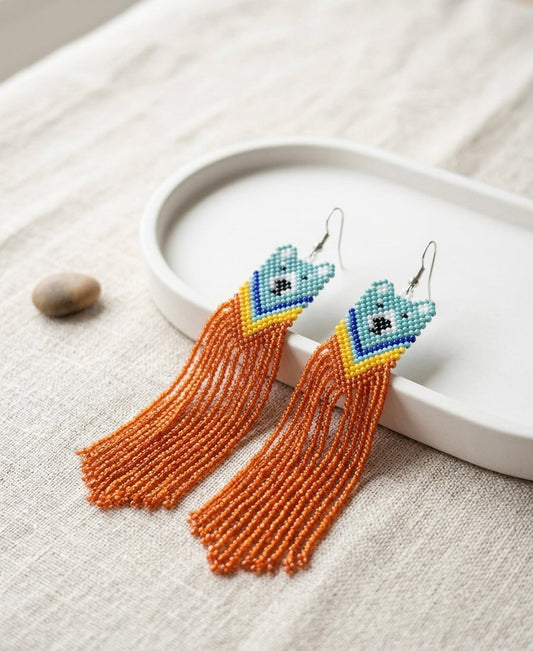 Blue - Orange Native Bear Beaded Earrings