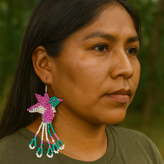 Handmade Beaded Hummingbird Earrings – Turquoise & White