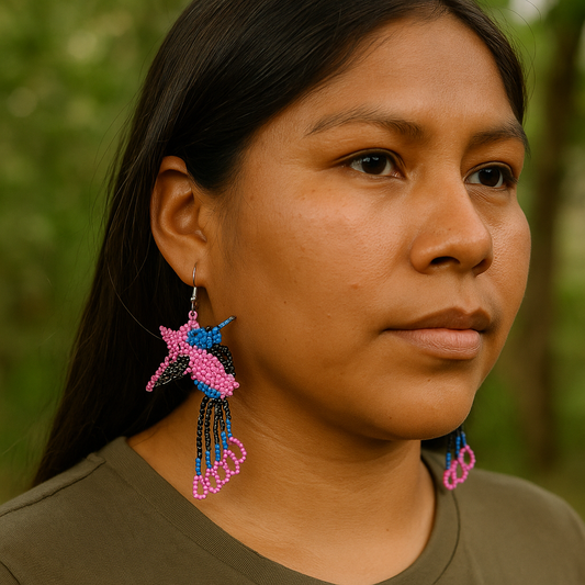 Handmade Beaded Hummingbird Earrings – Pink & Blue