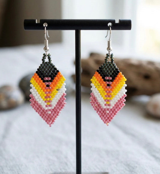 OldTribes™ Pink Beaded Feather Drop Earrings