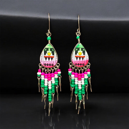 OldTribes™ Small Sized Southwestern Pink and Green Teardrop Earrings