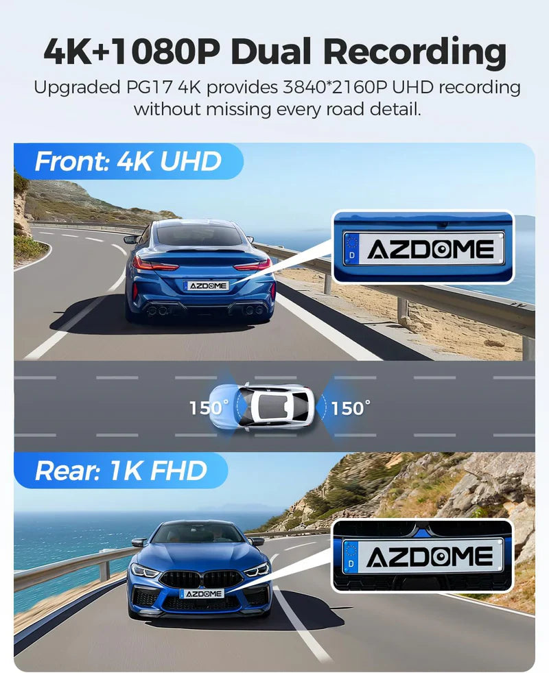 AZDOME PG17 12" Mirror Dash Cam GPS WiFi6 4K+2.5k Front & Rear 64GBCARD FREE