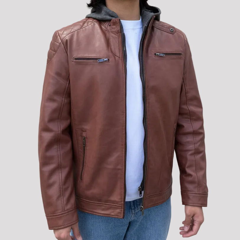 BOL Mens Alvin Lambskin Leather Jacket with Removable Hood