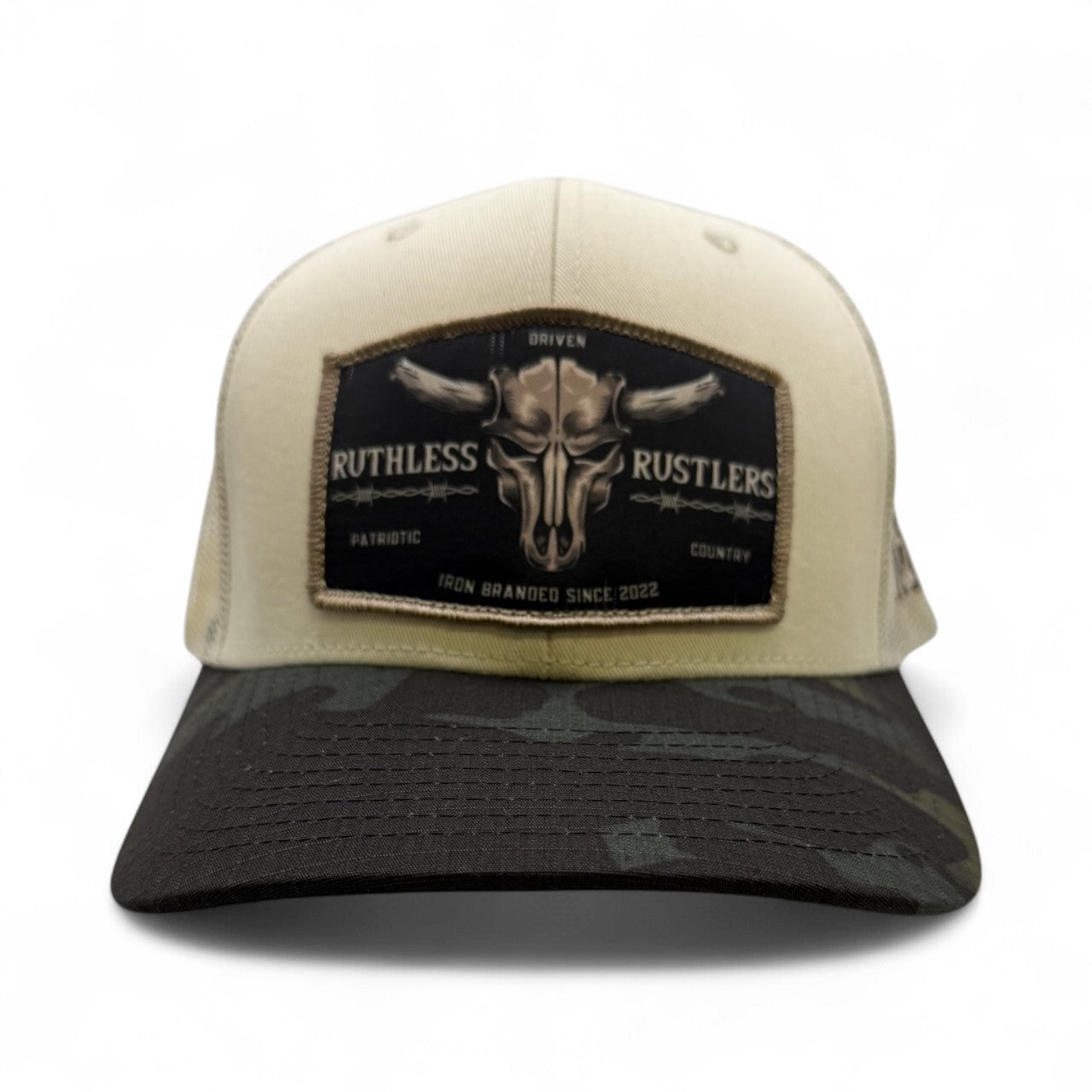 Ruthless Rustlers Barbed Wire Trucker Cap | Beige/Black Camo