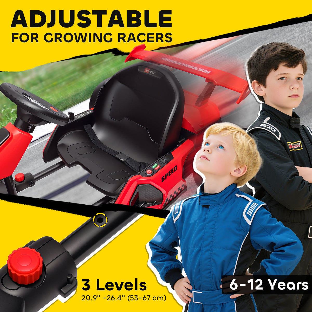 24V Electric Go Kart, Battery Powered Kids Drift Kart with Adjustable Seat, Seat Belt, Horn, Music, Light, Red