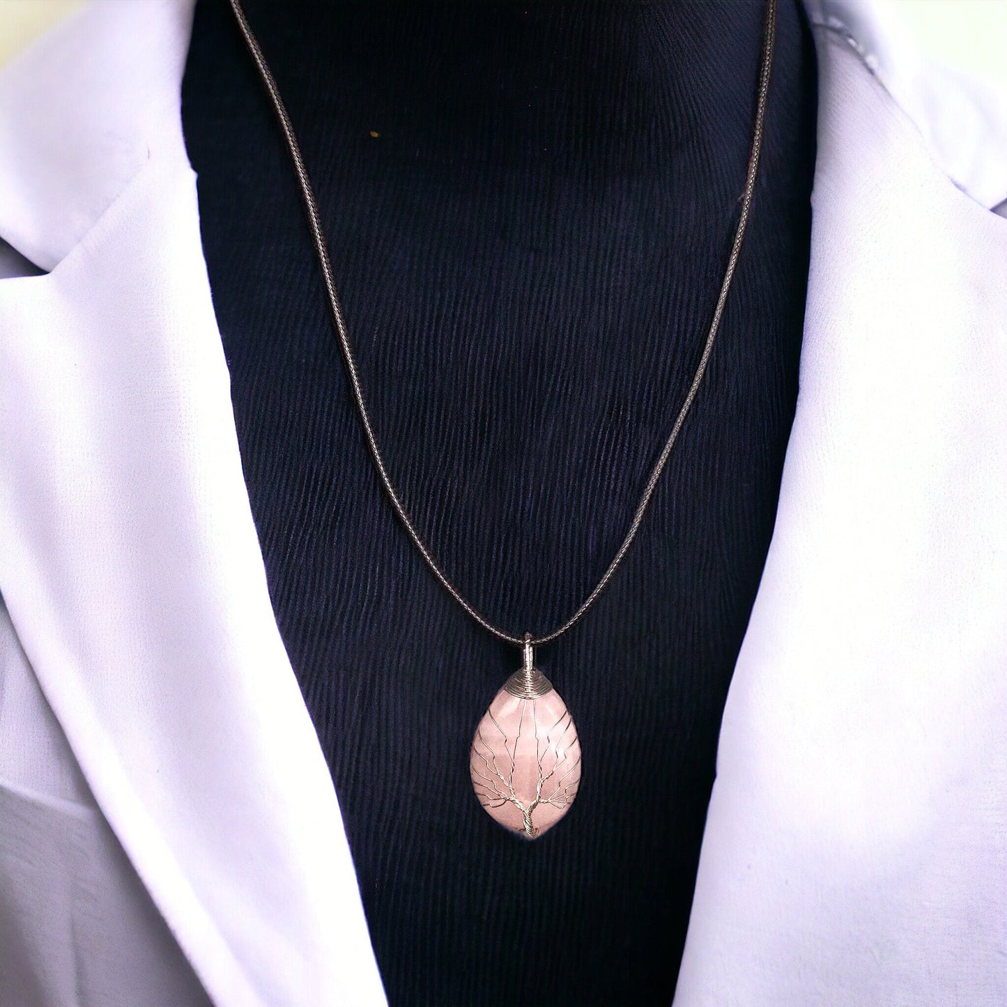 Light pink Gemstone Pendant Wrapped w/ Silver Tree of Life