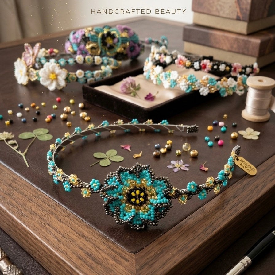 Beaded Headband with Flower Turquoise