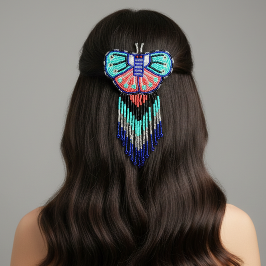 Butterfly Beaded Barrettes with Fringes Turquoise & Red