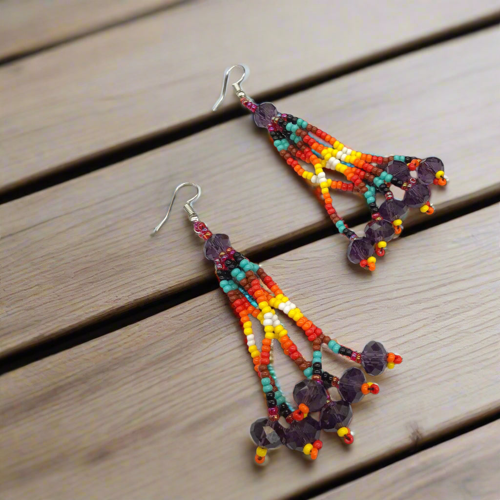 Purple Six-Strand Beaded Cascade Earrings