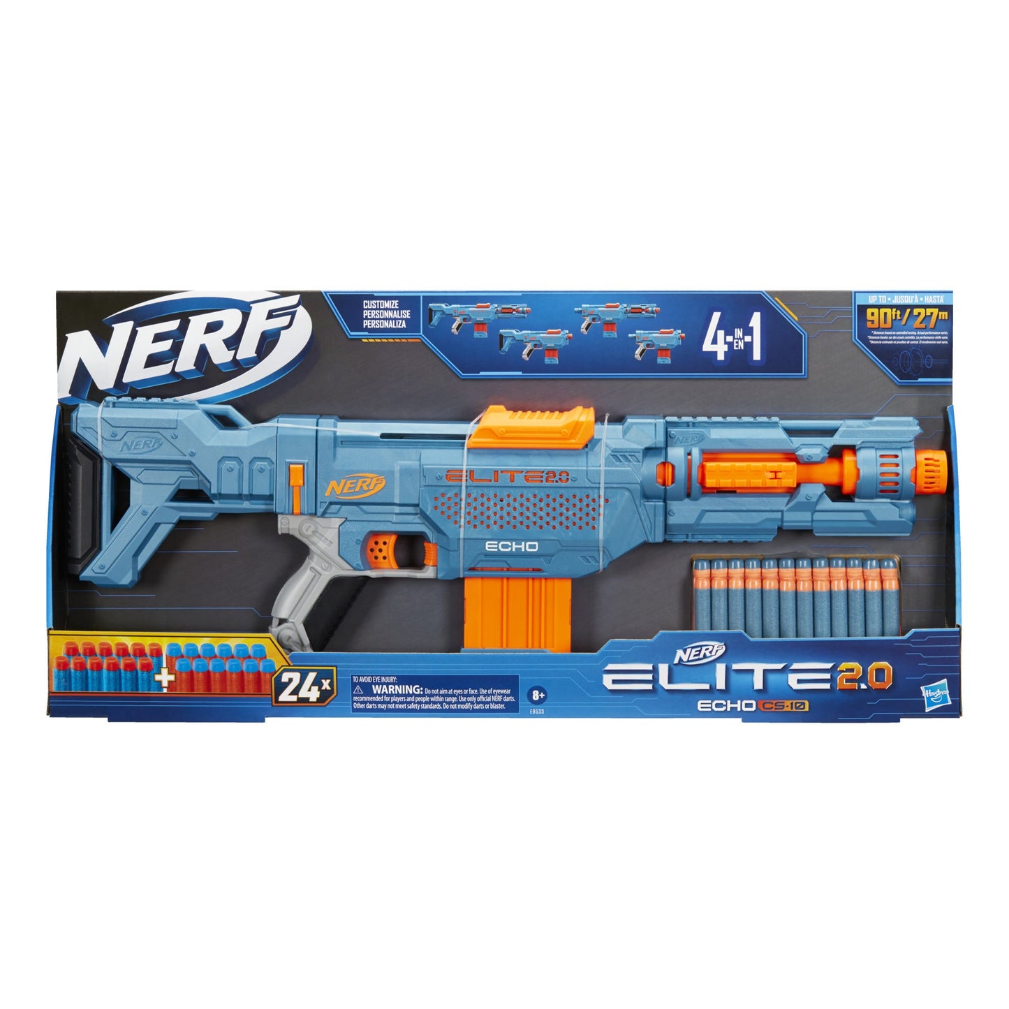 Hasbro Nerf Elite 2.0 Echo CS-10 Blaster, 24 Nerf Darts, 10-Dart Clip, Removable Stock and Barrel Extension, 4 Tactical Rails
