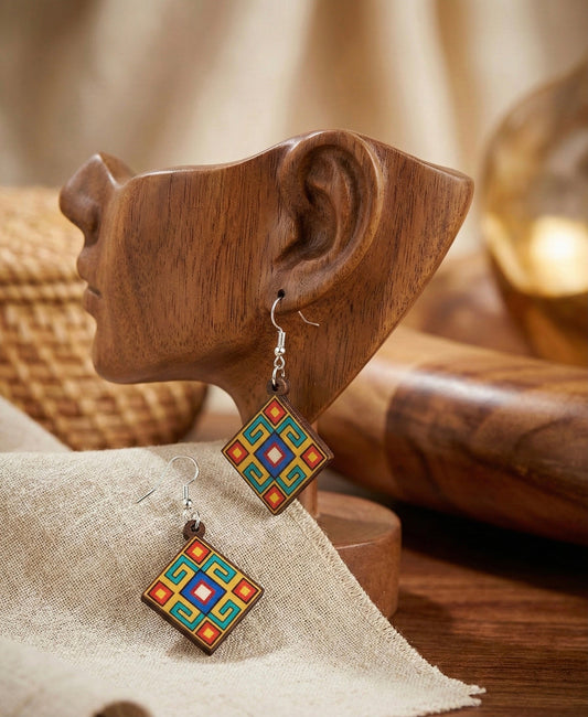 OLDTRIBES™ Painted blue and mustard Wood Earrings with Diamond shape