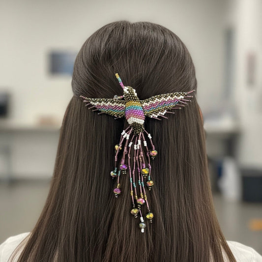 Purple  / white Hummingbird Barrette with Fringes