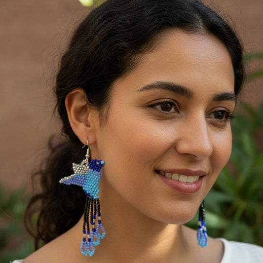 Handmade Beaded Hummingbird Earrings – Turquoise & Black