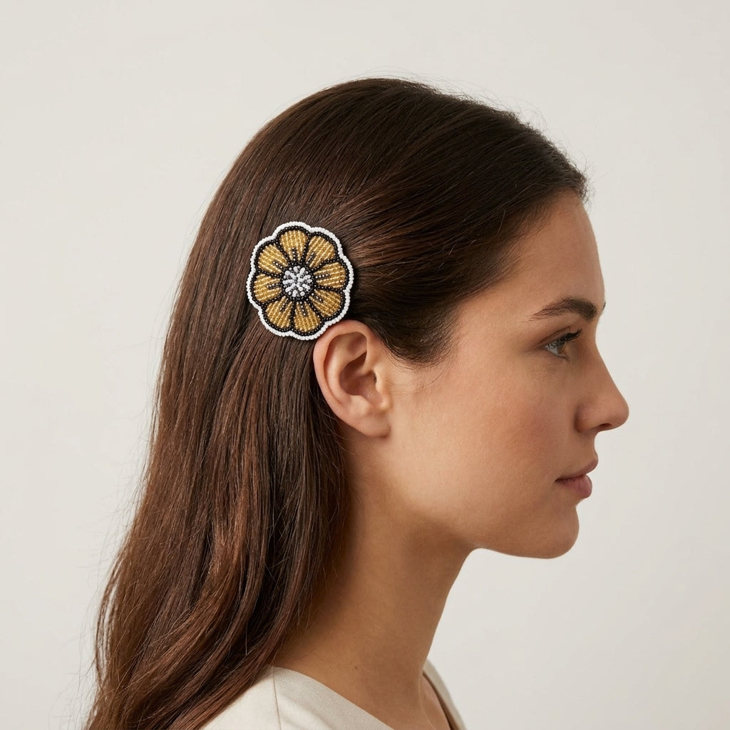 Golden Beaded Flower Barrette