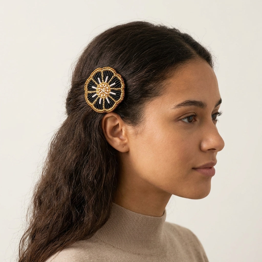 Golden Beaded Flower Barrette