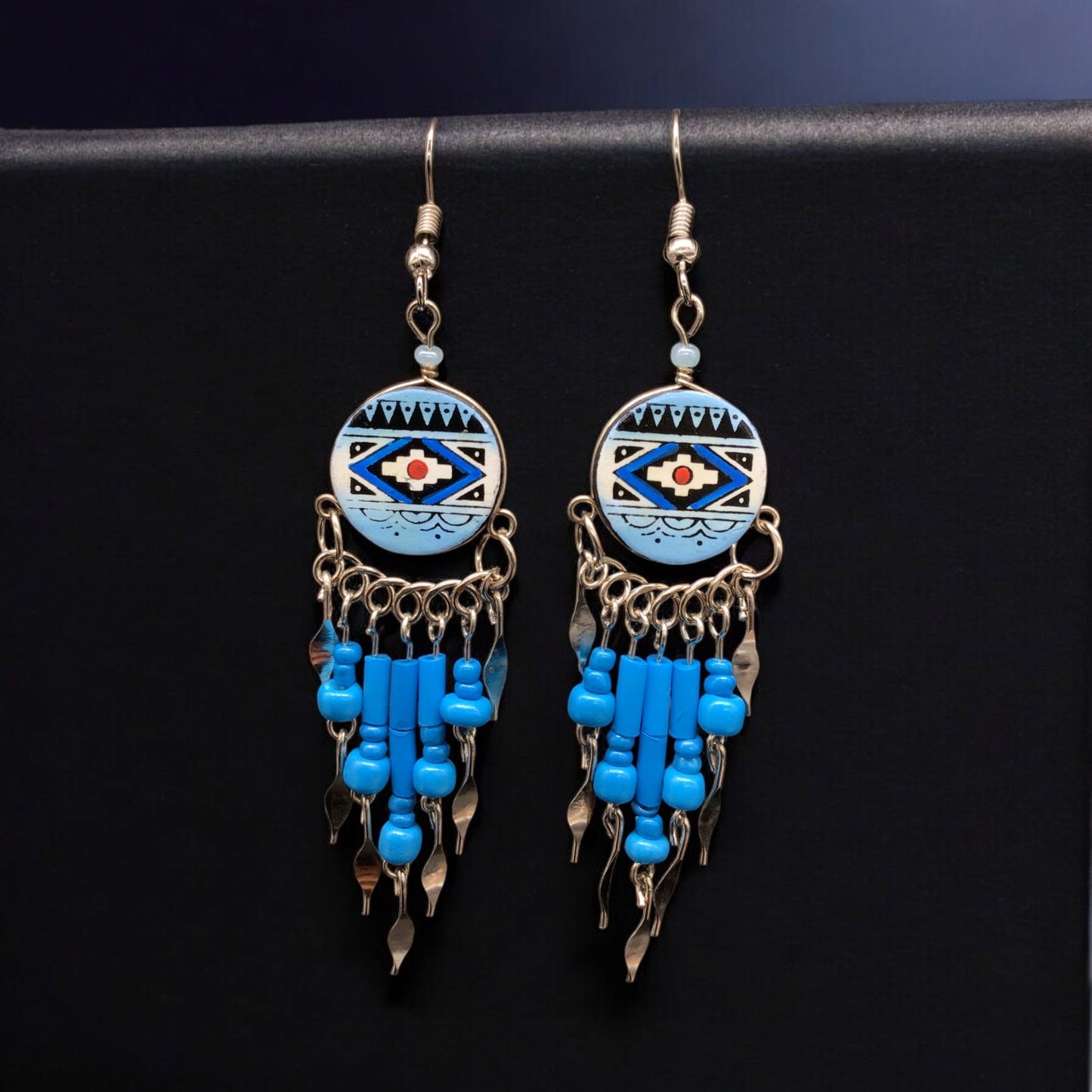 Blue Southwestern Round Shaped Dangle Earrings