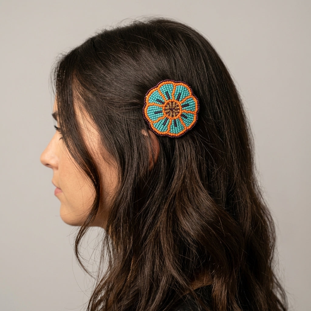 Turquoise Beaded Flower Barrette