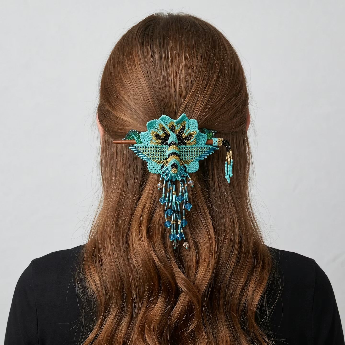 Maple Blossom Hummingbird Beaded Hair Stick Barrette Turquoise