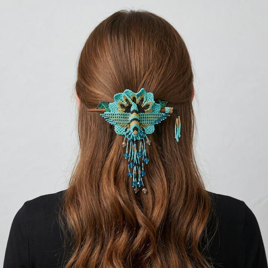 Maple Blossom Hummingbird Beaded Hair Stick Barrette Turquoise