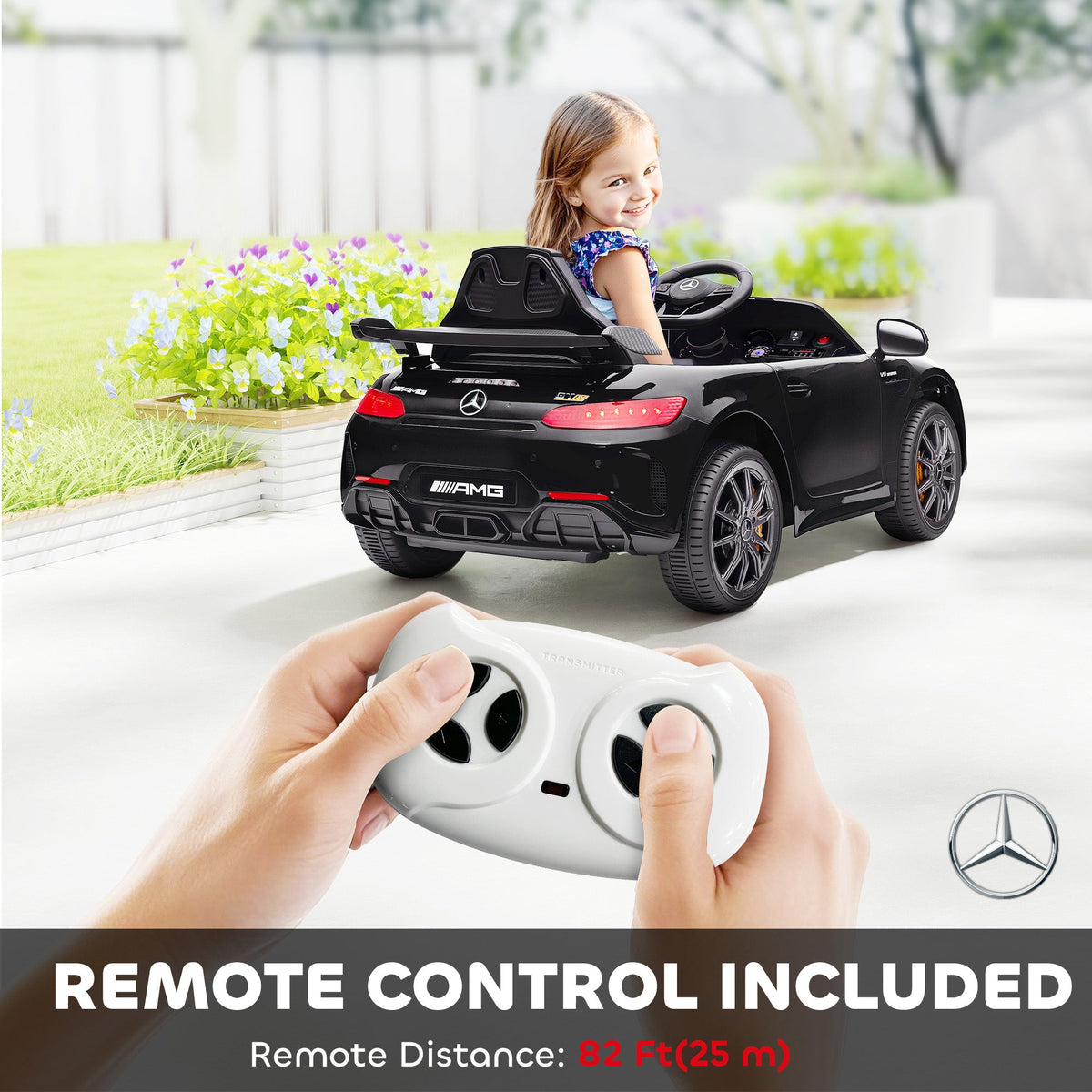 Mercedes-Benz AMG GTR Licensed 12V Battery Powered Kids Electric Car w/ Remote, Soft Start, Lights, Music Horn, Black